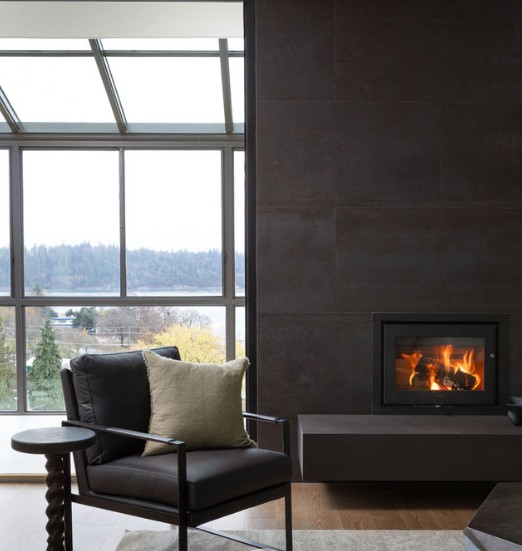 Wood burning fireplace in a modern home